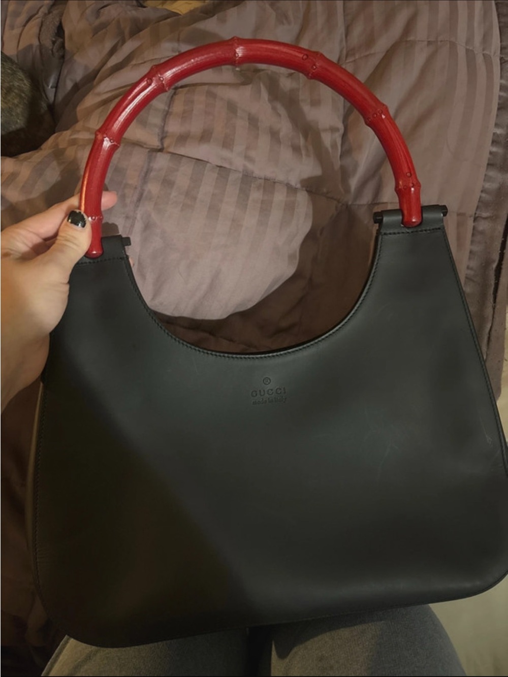 Tom Ford Gucci Black Leather Shoulder Bag with Red Bamboo Handle